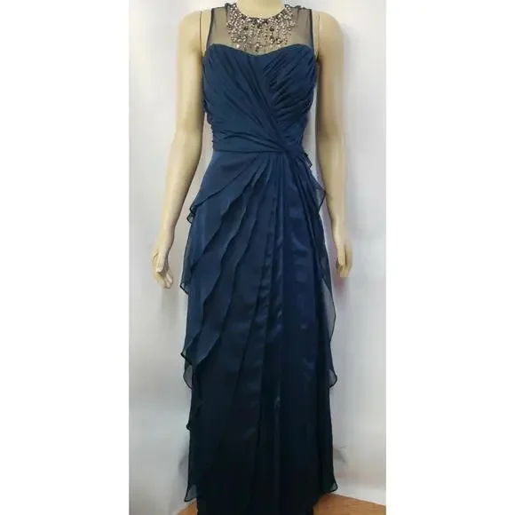 ADRIANNA PAPELL Beaded Twist Front Sz 6 Mesh Navy Women's Dress NEW#CB2